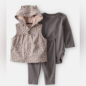 Carter’s Leopard Print Hooded Vest with Gray Bodysuit and Pants Set 12m